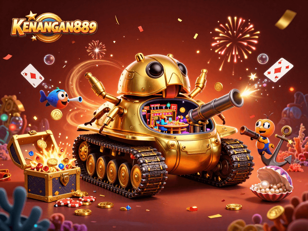 Join the fun at KENANGAN889, featuring a vibrant 3D casino tank surrounded by treasures.
