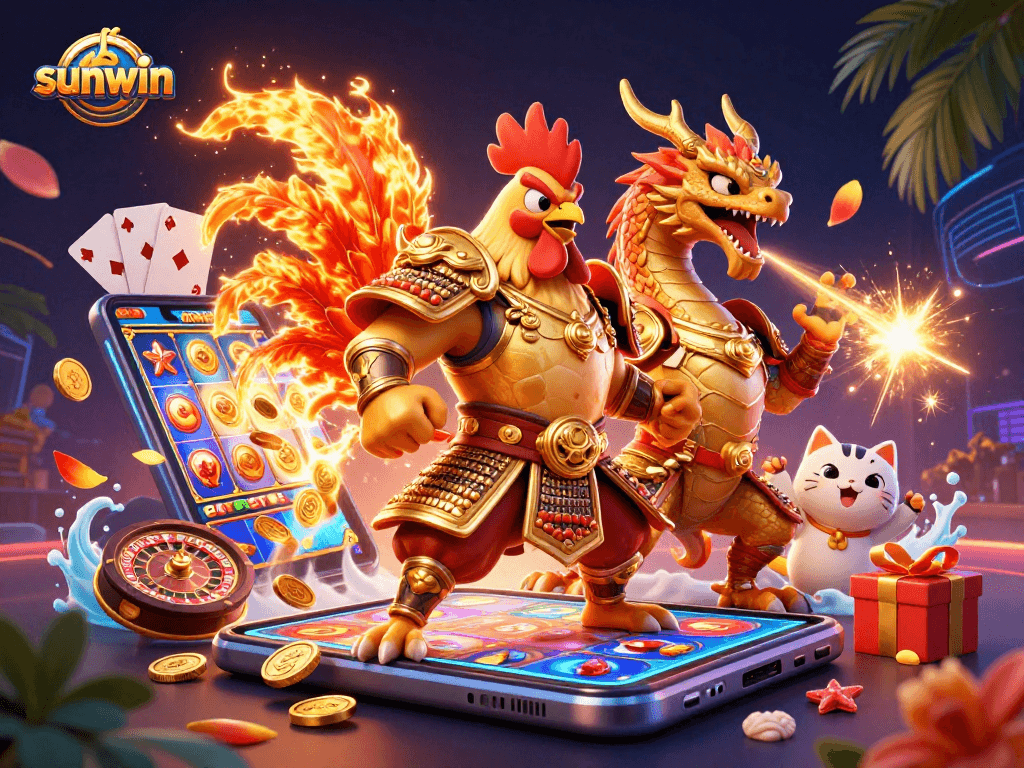 Experience the thrill at sunwin with a vibrant 3D scene highlighting characters and exciting casino elements.