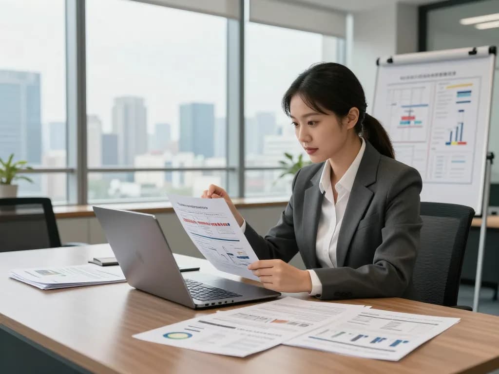 Gestionnaire de propriété examinant les annonces immobilières et les analyses de marché pour la gestion de propriétés dans un environnement de bureau moderne.