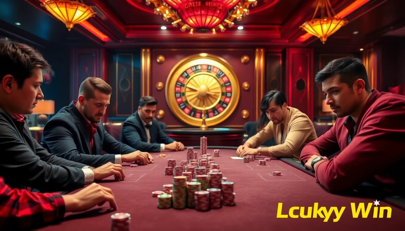 Experience the thrill of LuckyWin at an upscale poker table with vibrant chips and a roulette wheel.