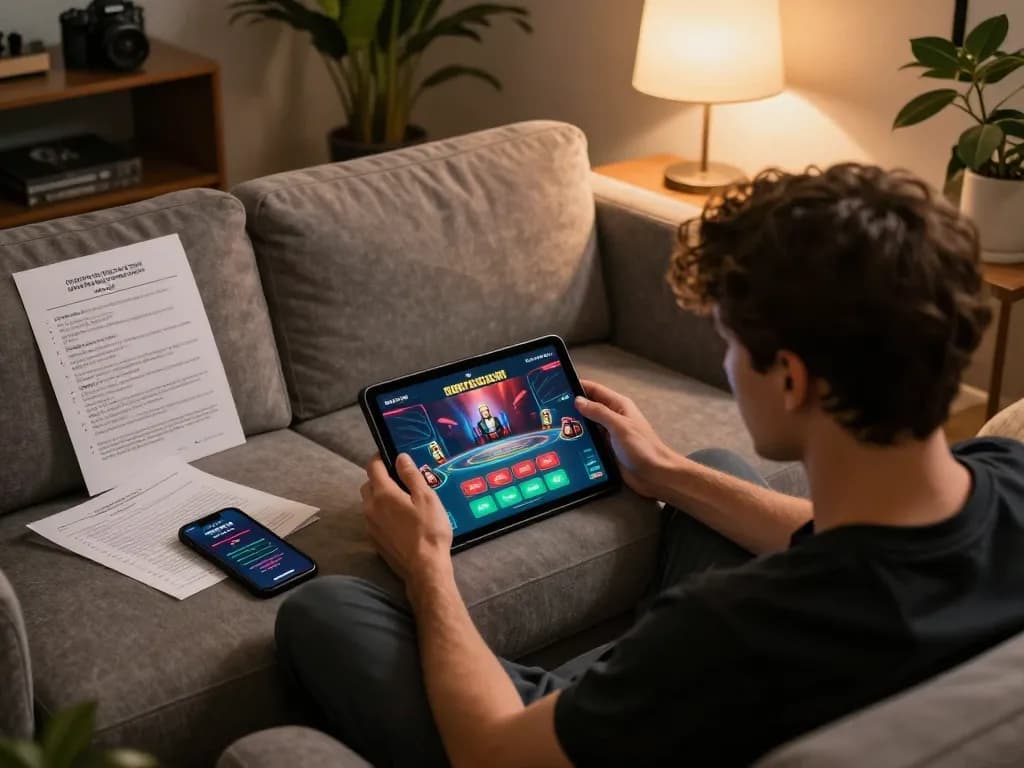 Player engaged with kp88220 online casino app on tablet, surrounded by strategy notes
