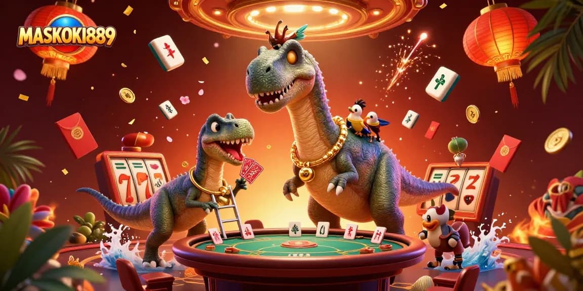 MASKOKI889 showcases a vibrant casino scene featuring a giant brontosaurus and clever raptor dealing cards.
