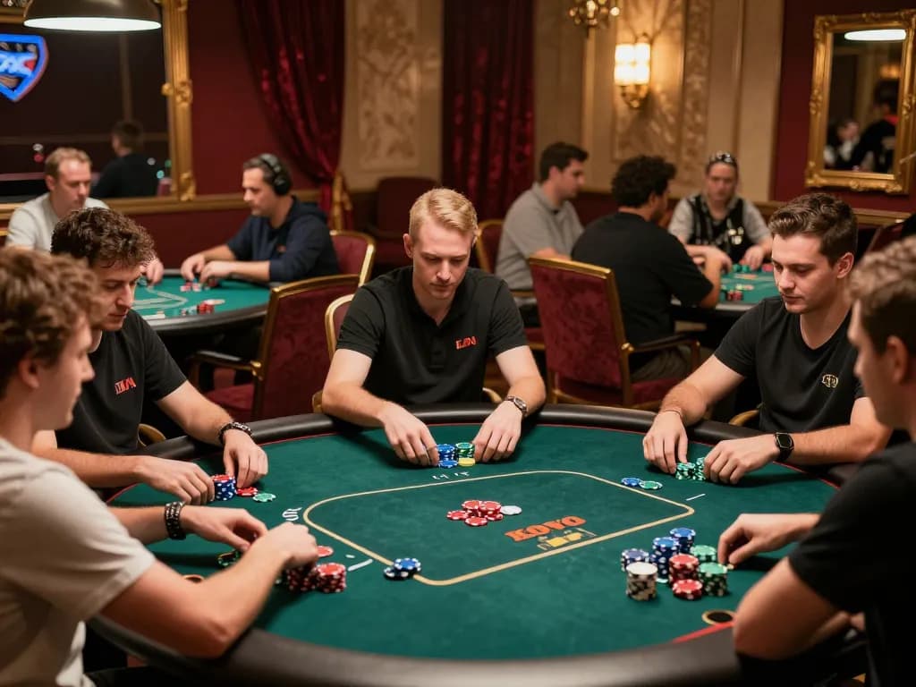 Engaging gameplay scene illustrating hướng dẫn HITCLUB with players actively participating in a poker game, vibrant atmosphere showcasing competitive strategy.