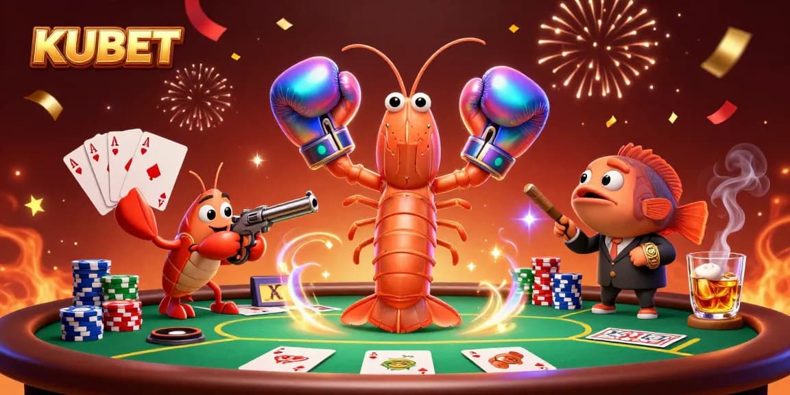 KUBET presents an action-packed 3D cartoon scene featuring lively sea creatures at the poker table.