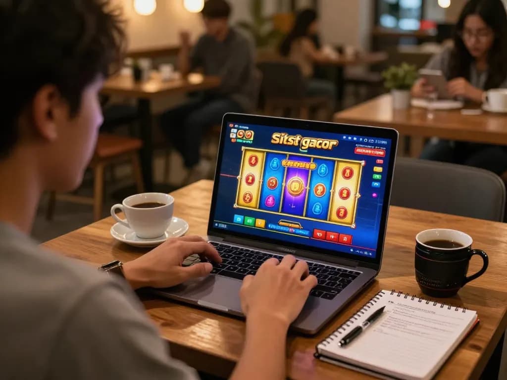 Player enjoying situs slot gacor with vibrant reels on a laptop in a cozy cafe, enhancing online gaming experience