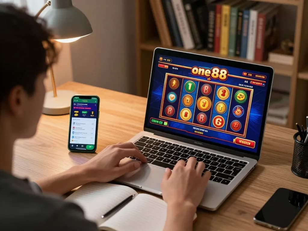 Person enjoying one88 online gaming experience at home, engaged with laptop and smartphone for strategic play.