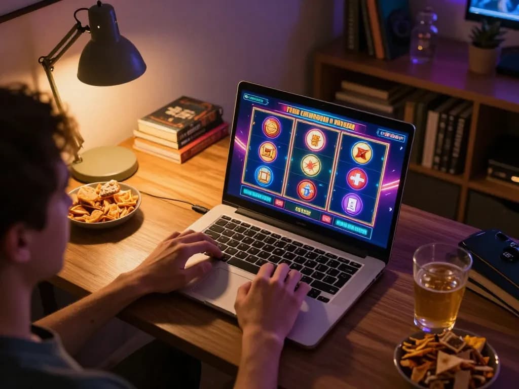 Link vào du88 engaging with exciting online slots on a cozy home setup