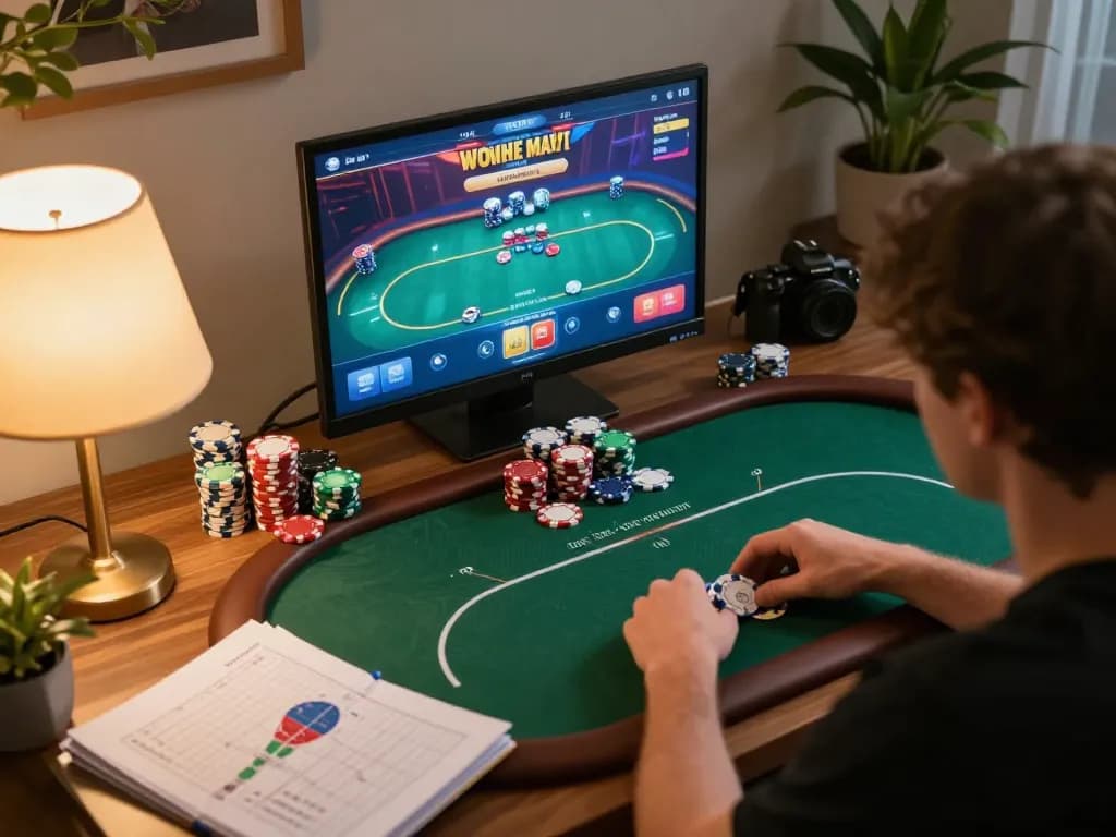 Player engaged in an online poker game with F8bet in a cozy home setting, showcasing strategy and excitement.