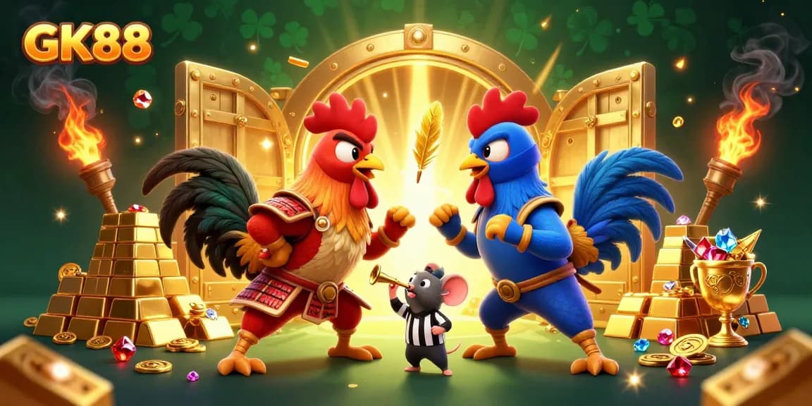 Experience epic confrontations at GK88 with colorful roosters battling among dazzling treasures.
