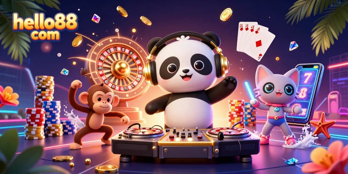Engage with exciting games at hello88 com featuring a DJ panda spinning on roulette turns amidst vibrant casino elements.