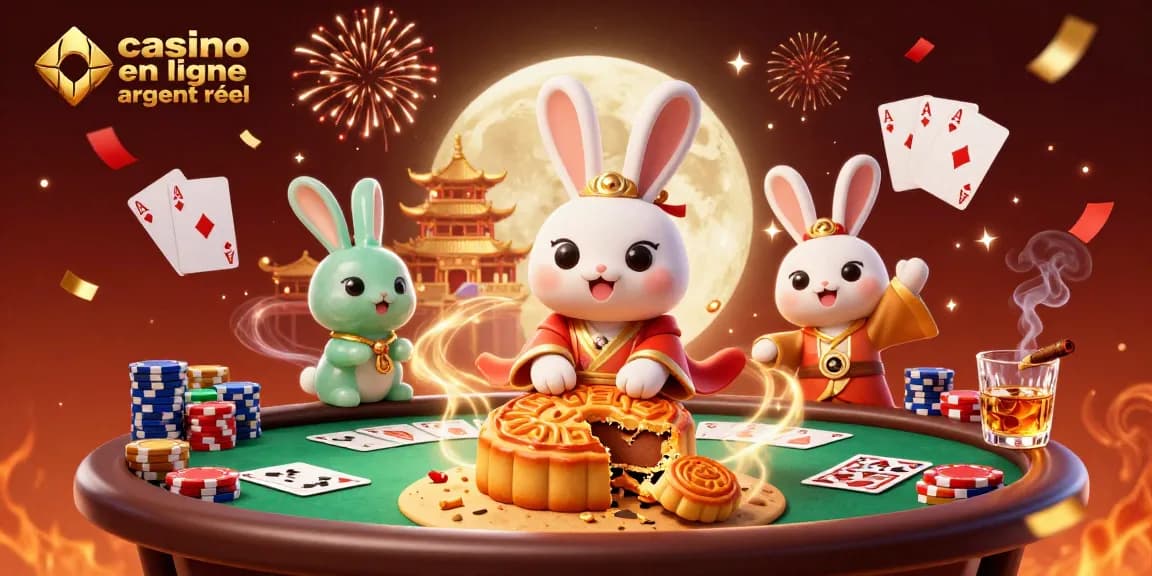 Une illustration en 3D de casino en ligne argent réel avec un lapin lunaire et des jetons de poker.