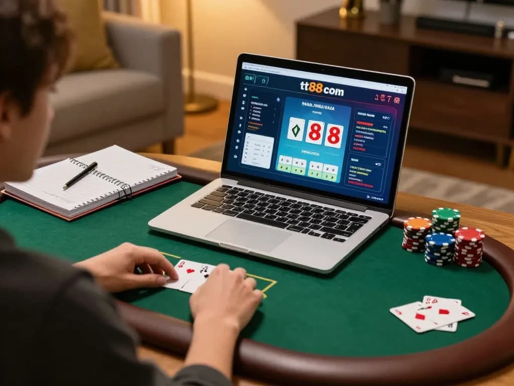 Playing poker online on tt88 com with strategic notes and focused atmosphere.