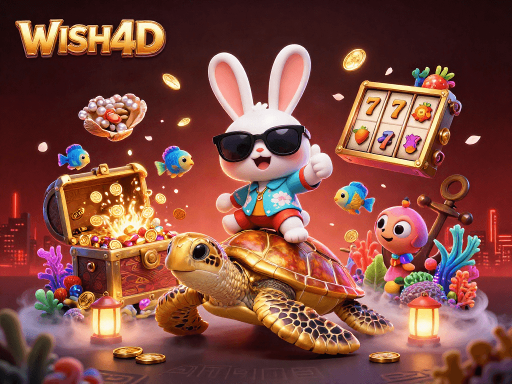 WISH4D slot adventure featuring a lucky rabbit and a sea turtle in an underwater treasure scene