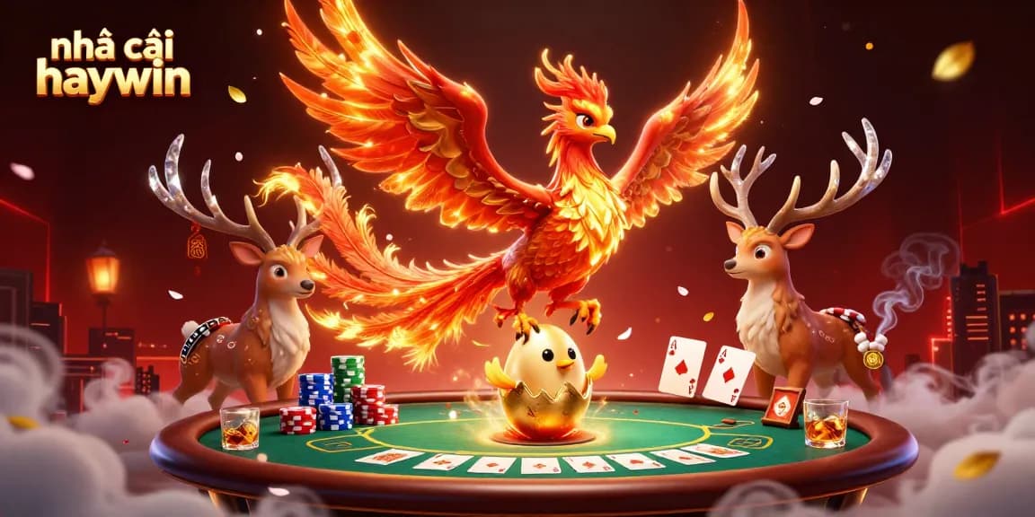 Experience thrills with nhà cái haywin as a majestic phoenix rises among poker elements in a vibrant casino.