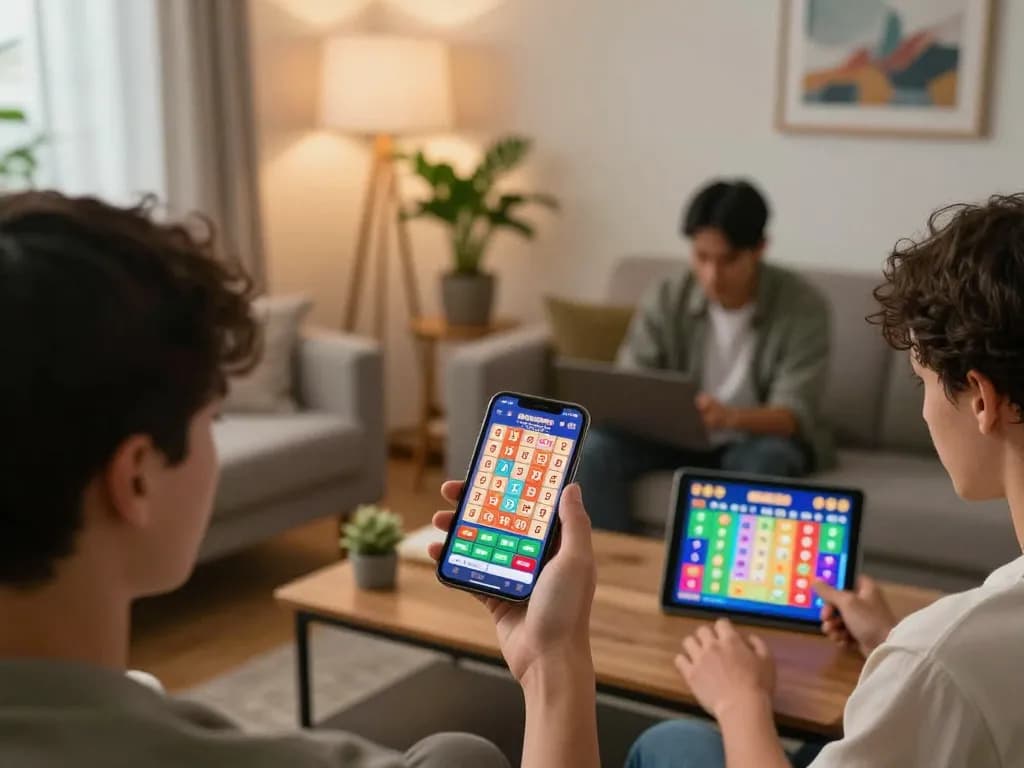 xổ số 33win online lottery players interacting with a mobile app in a cozy home setting