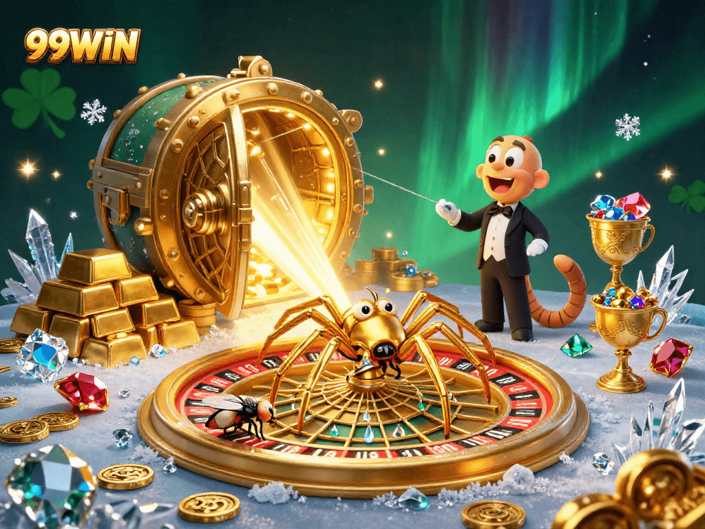 Experience thrilling bets with 99WIN's immersive casino ambiance featuring a roulette wheel spider.