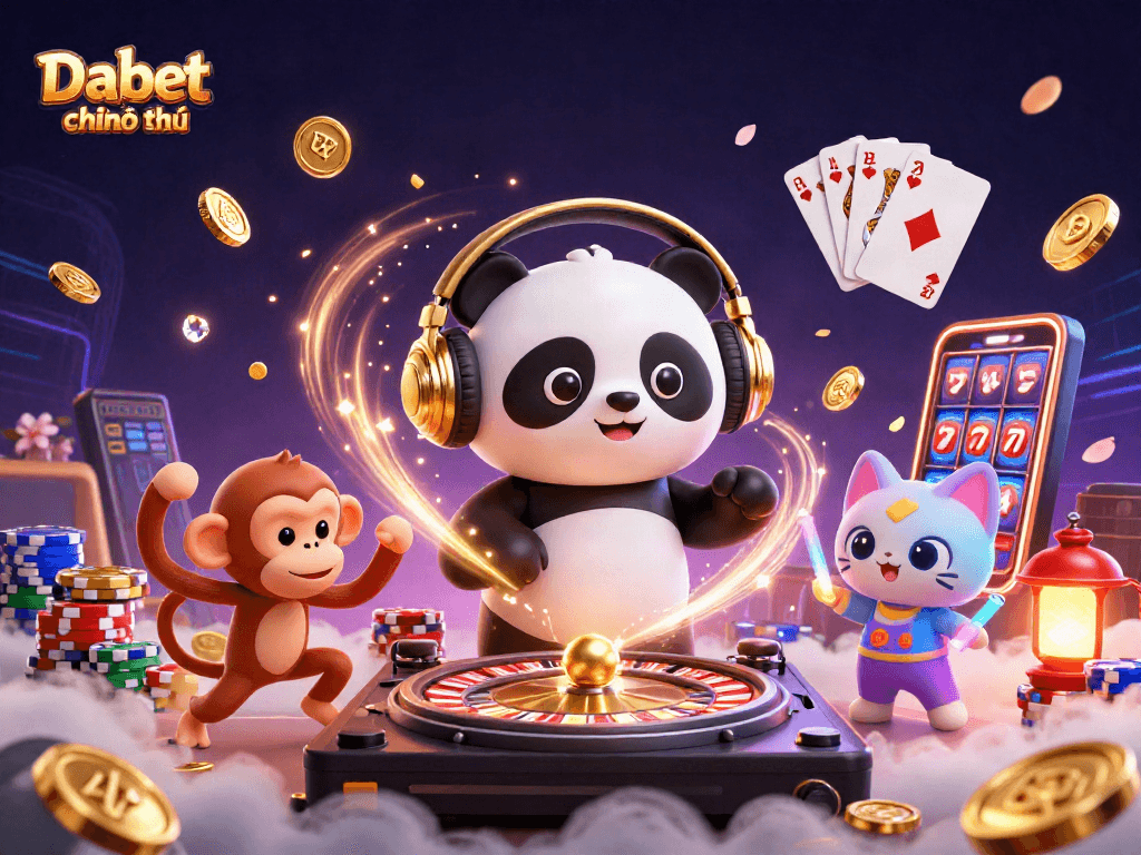 Dabet chính thức showcases a vibrant casino scene with a DJ panda and lively characters surrounded by gold coins.