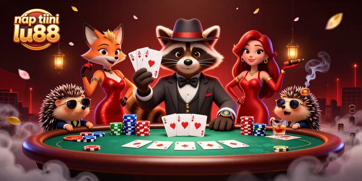 Engage with the thrill of nạp tiền lu88 at a vibrant poker scene with animated characters and gambling elements.