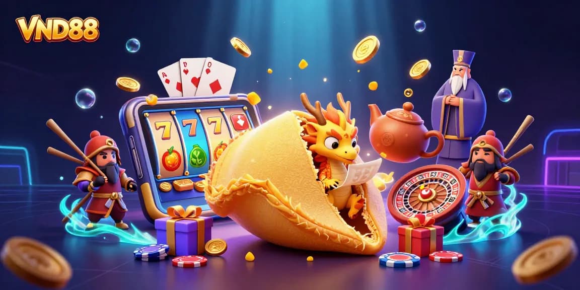 Experience VND88 thrills with a colorful slot game, featuring dragons and fortune cookies.