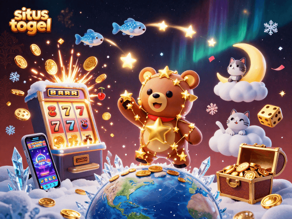 Win big with situs togel in this vibrant casino-themed 3D illustration featuring a bear and slot elements.