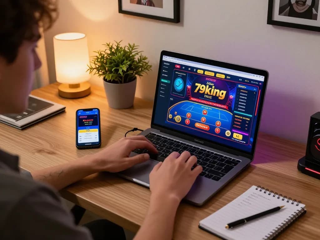 Engaging gameplay on 79king's platform with a person betting online from a stylish home office.