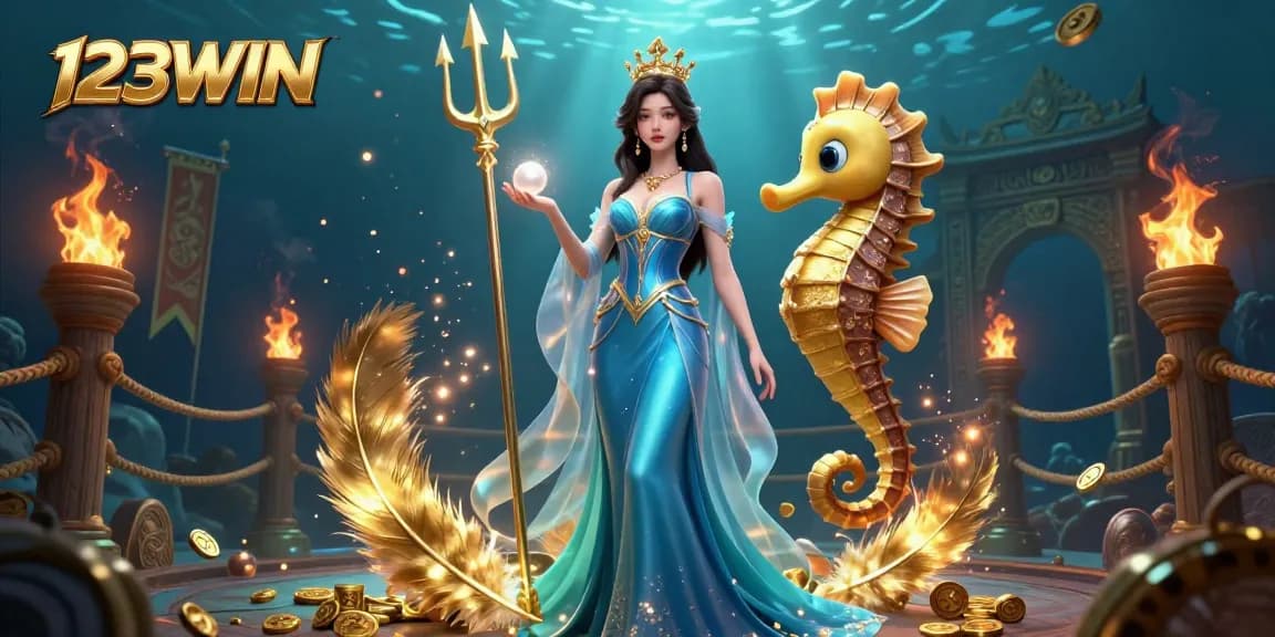 Experience the thrill of 123WIN with a vibrant underwater casino scene featuring a gorgeous woman and a trident-wielding seahorse.