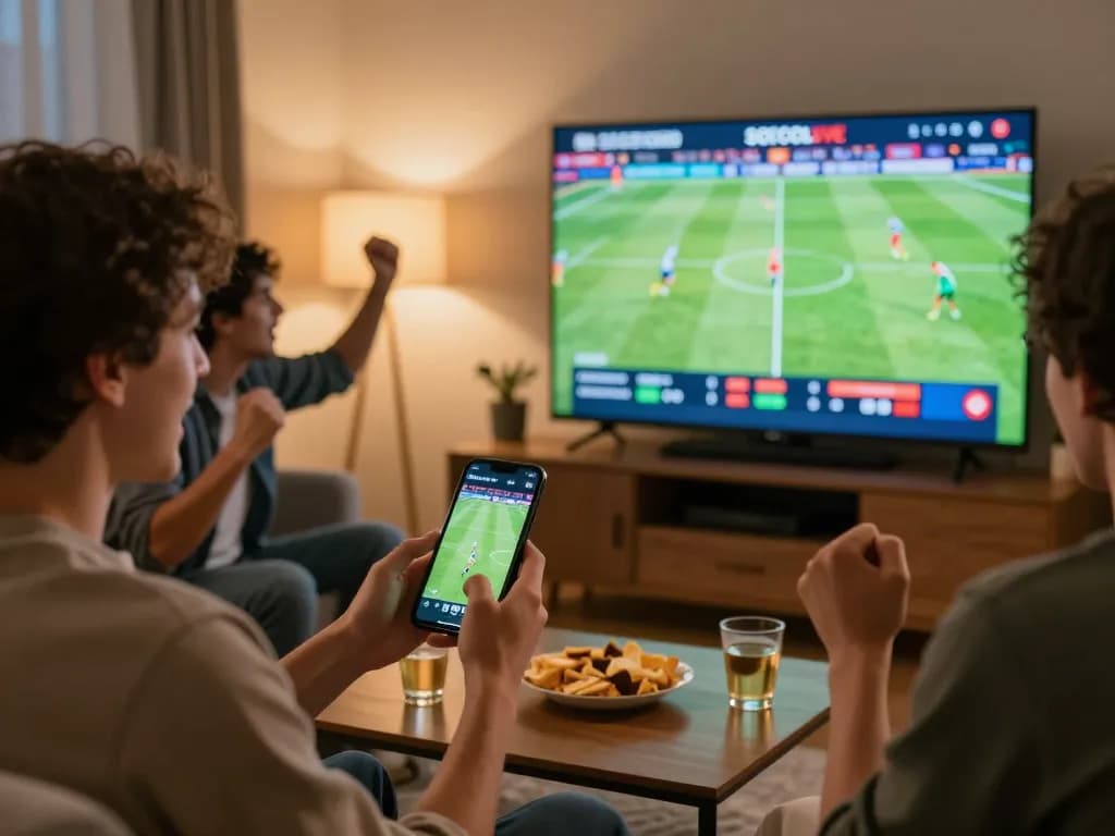 SOCOLIVE user engaging in exciting sports betting while watching a live football match with friends.