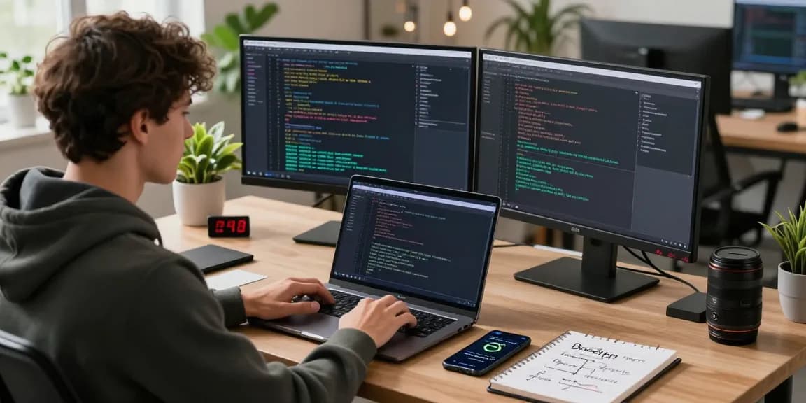 PulseChain Bridge in action, a developer coding in a modern office with dual monitors showing blockchain transactions.