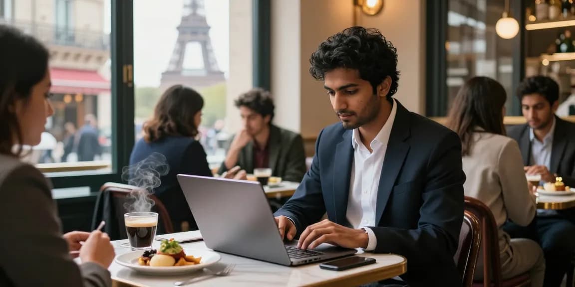 Internship in France for Indian students, professional setting in Parisian café, student engaged in culinary project.