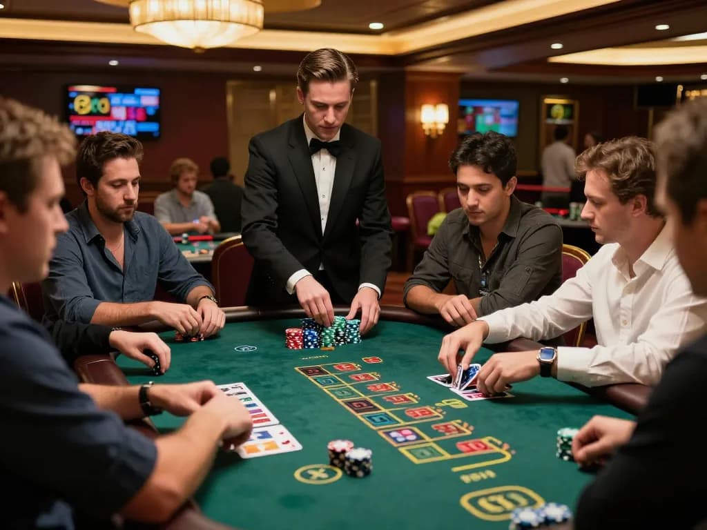 Players strategizing at B52 Club blackjack table, with dealer dealing cards during an intense game.