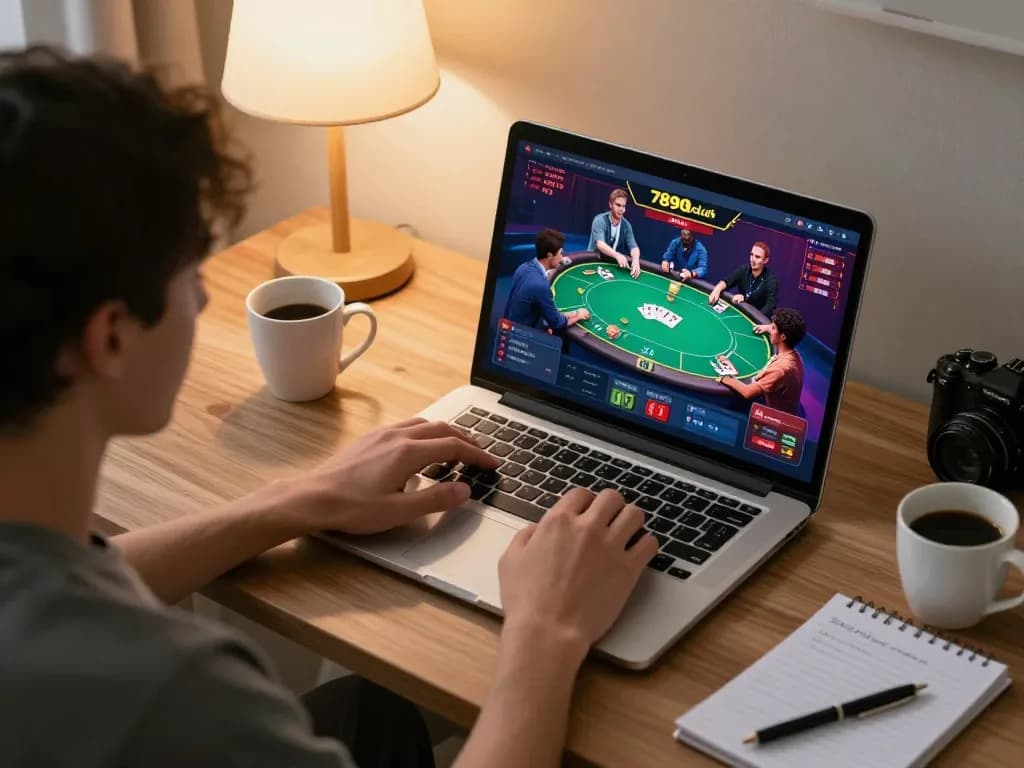 Engaged player enjoying 789club online poker game in a cozy home setup, emphasizing responsible gaming.