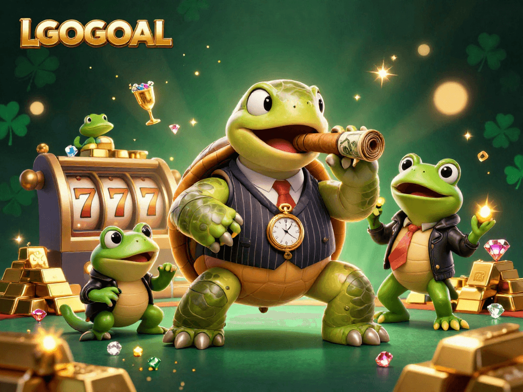 Engage with LGOGOAL as the snapping turtle boss navigates a vibrant casino scene filled with sparkling treasures.