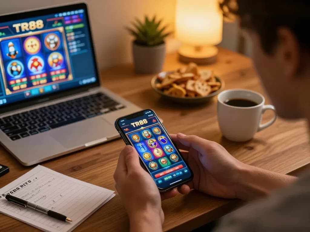 Player enjoying TR88 casino app on smartphone in cozy home setup with snacks and strategy notes.