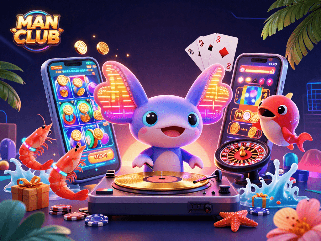 MAN CLUB showcases a vibrant casino scene with a neon axolotl DJ and lively guests, spinning slots and games.