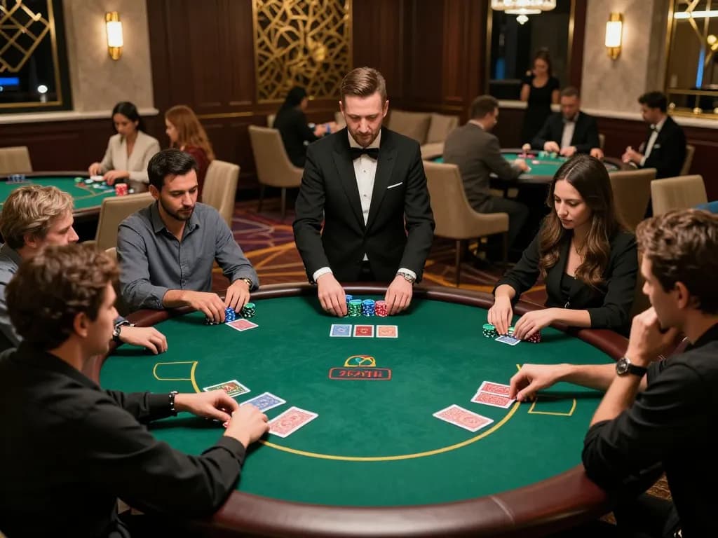 Players strategizing at a high-stakes poker table in the luxurious MB66 casino atmosphere