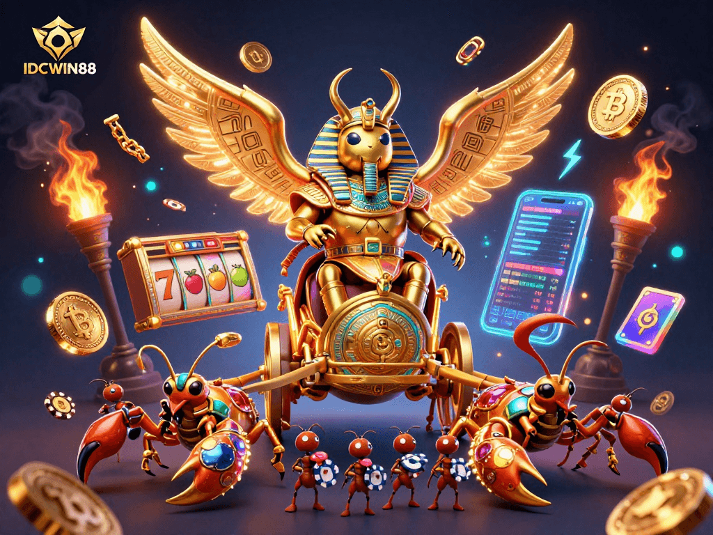 IDCWIN88 showcases an exciting slot gaming experience featuring dynamic characters and rich casino elements.