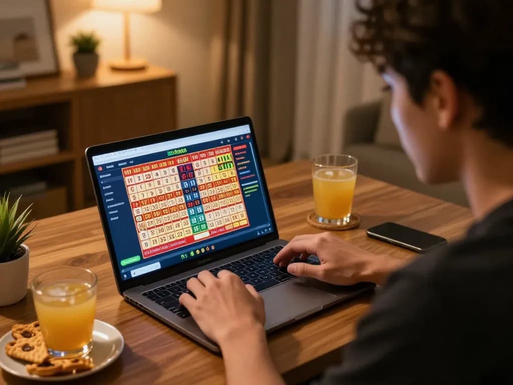 Xổ số hubet live lottery play on a laptop at home, emphasizing focused gameplay and strategic decisions.