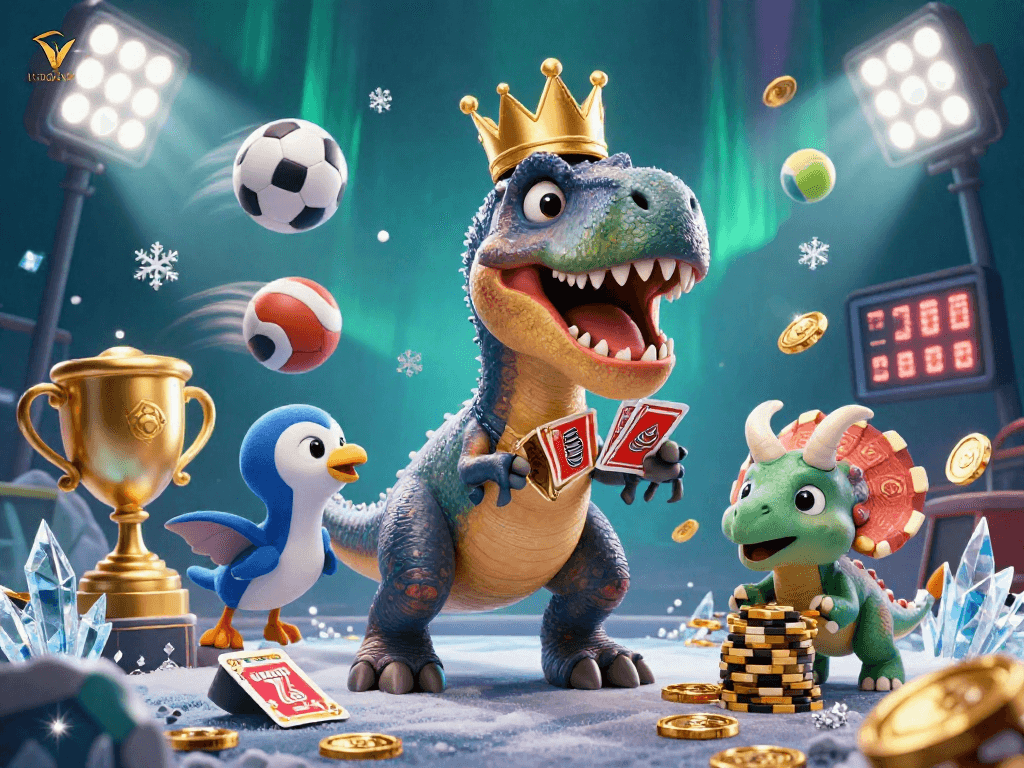 Bet on fun with LGODEWA as a friendly T-Rex, pterodactyl, and triceratops play cards and stack chips