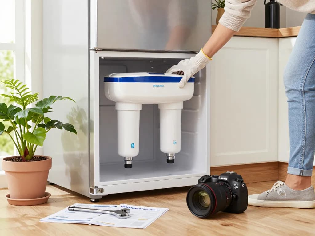 Person installing Maxblue Replacement for Samsung DA29-00020B filter in a home kitchen.