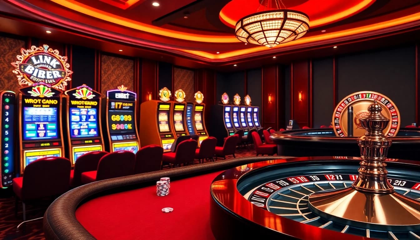 Experience the thrill of the Link E2BET online casino with colorful poker chips and a spinning roulette wheel.