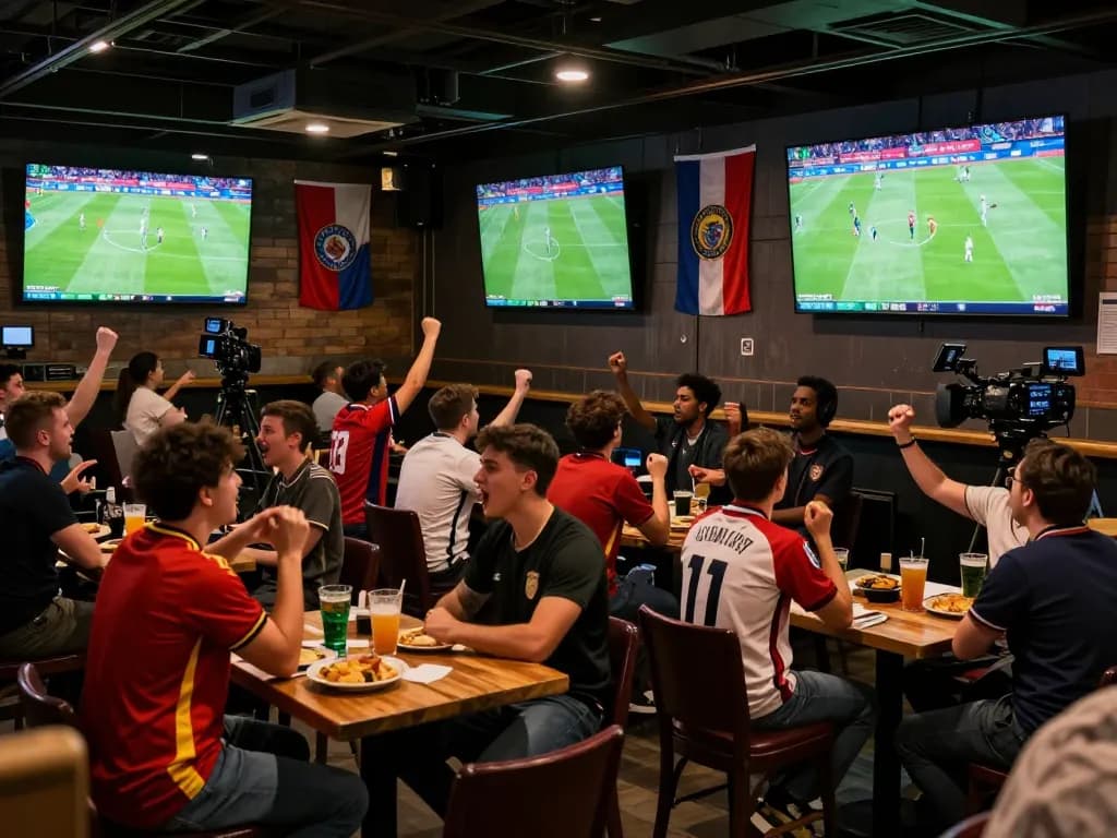 Socolive streams live football matches, filling the sports bar with enthusiastic fans and vibrant jerseys.