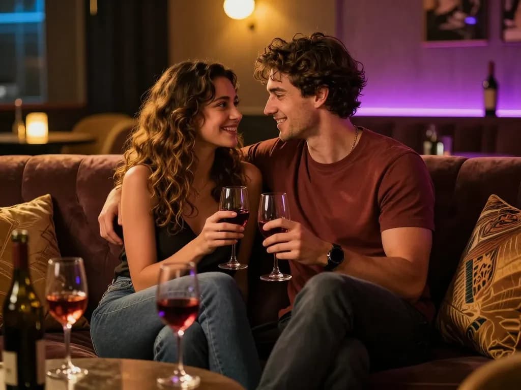 Engaging scene depicting couple enjoying intimate moments in pgbokep-themed lounge setting.