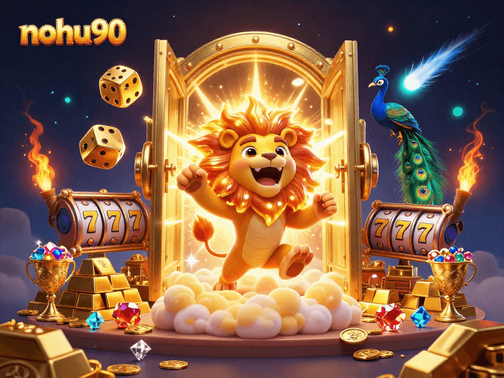 Noh90 offers thrilling slot jackpots with golden treasures and a playful lion mascot.