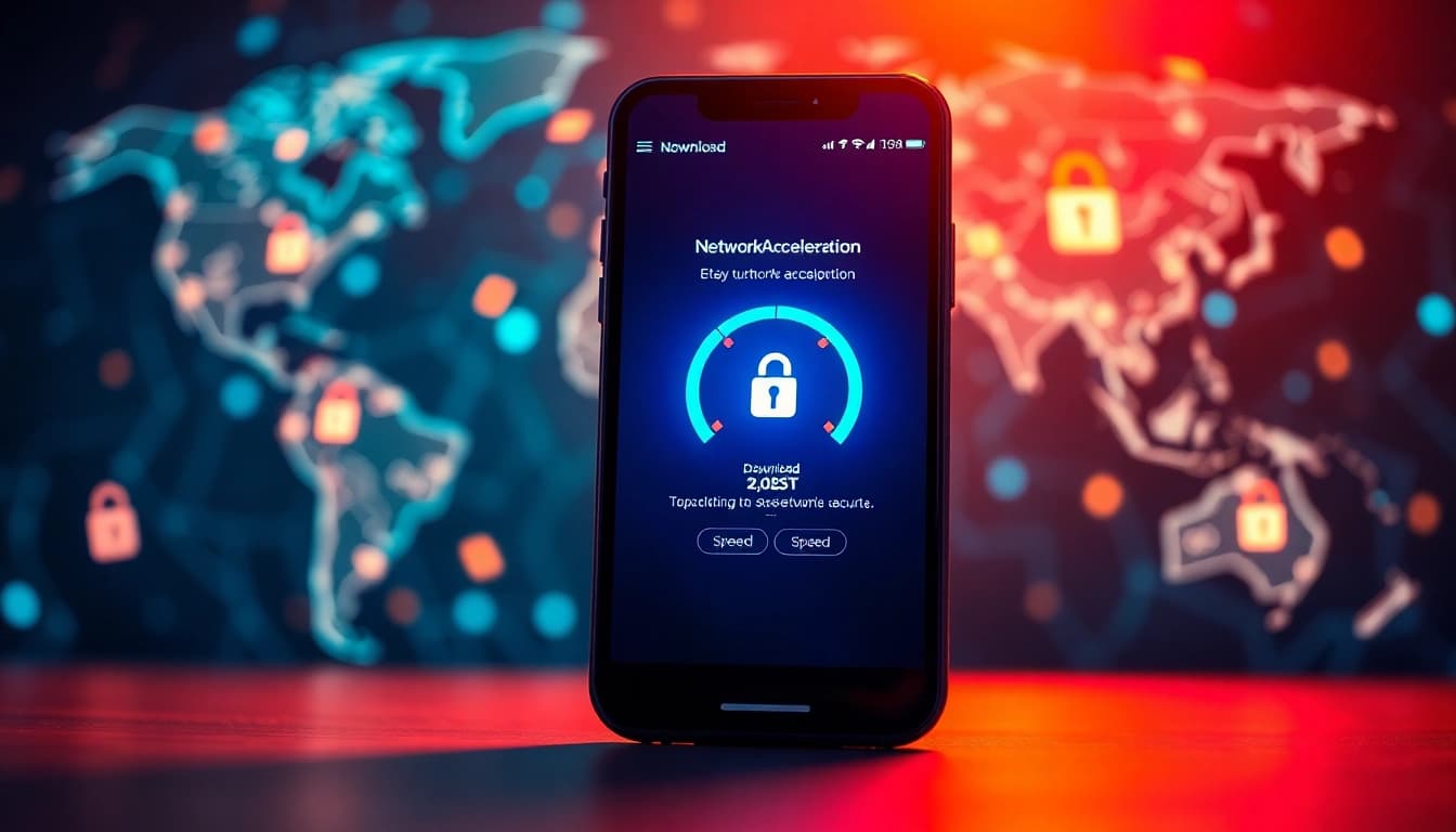 快连下载 interface displayed on a smartphone, showcasing global connectivity and speed.