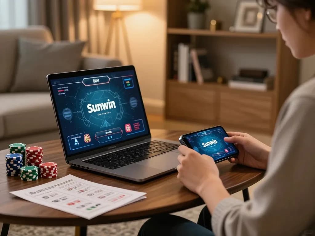 Engaging in Sunwin online gaming strategy with laptop and chips, cozy home atmosphere.