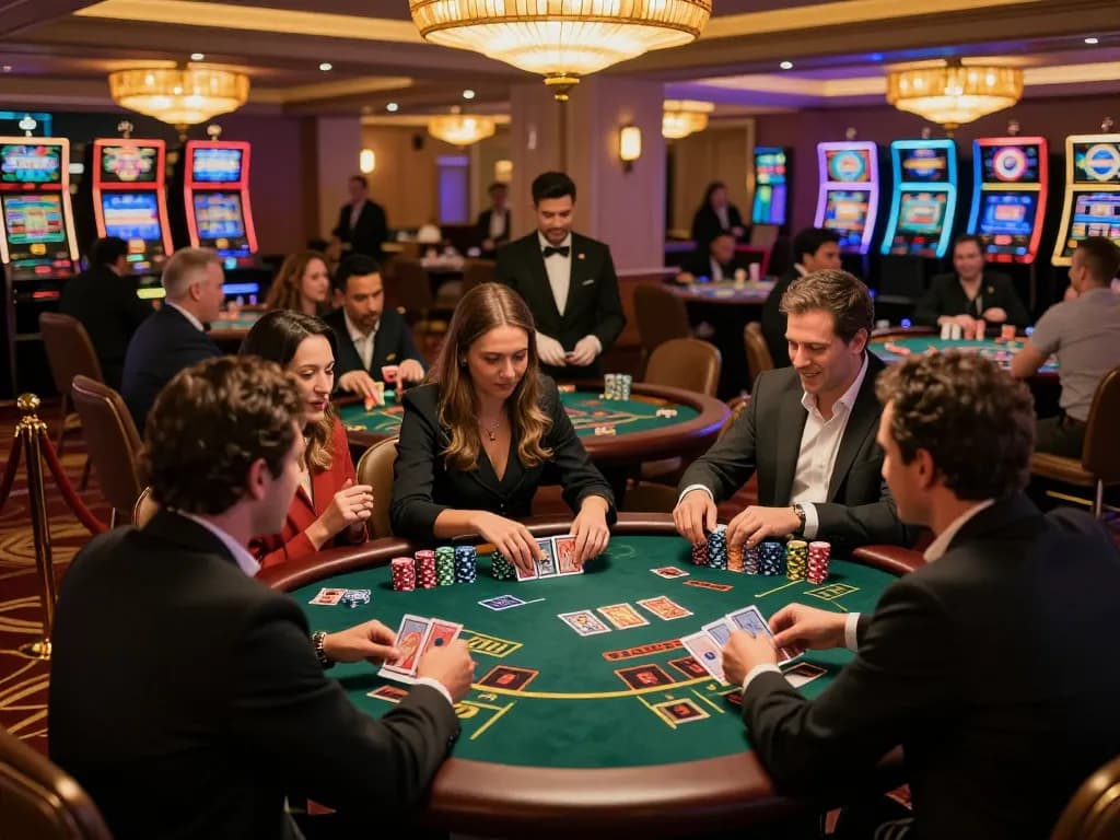 Players strategizing and placing bets at blackjack tables in the vibrant s666 casino environment.