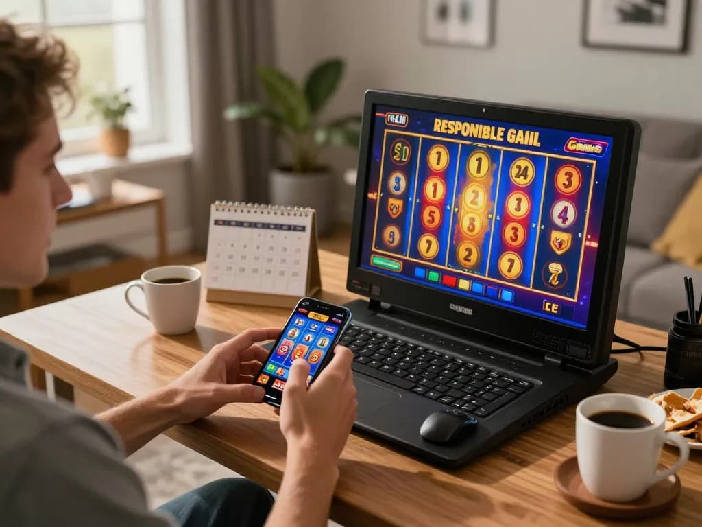 Engaged player spins slot machine on smartphone in cozy home setting