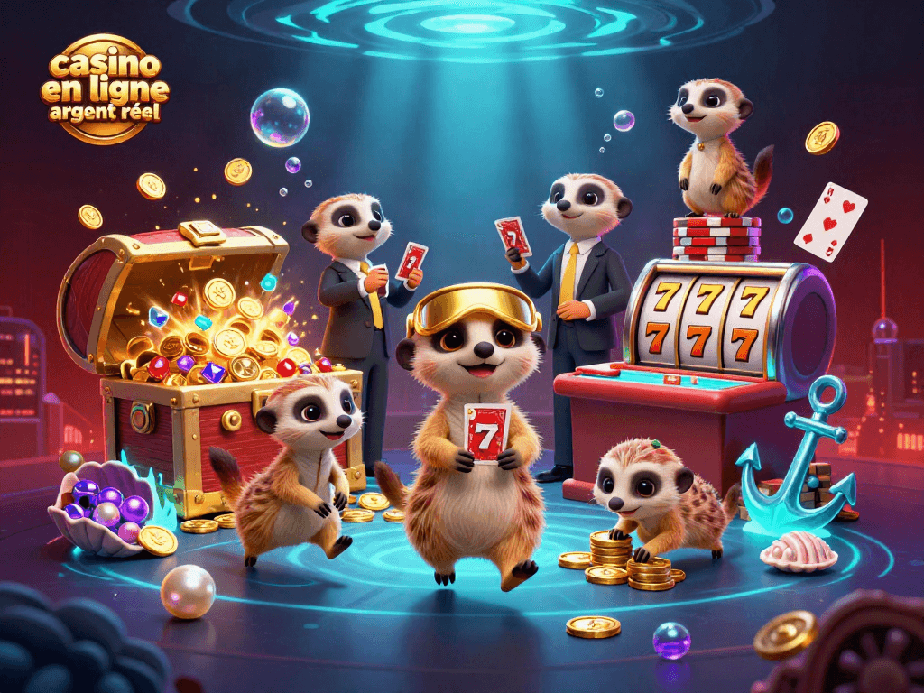 Gagnez au casino en ligne argent réel avec des meerkats gérant une opération de jeu dynamique.