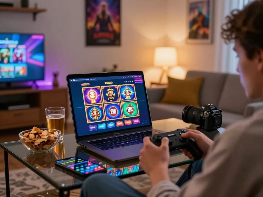 Interactive online gaming experience featuring man88 logo on screen with snacks and a cozy atmosphere.