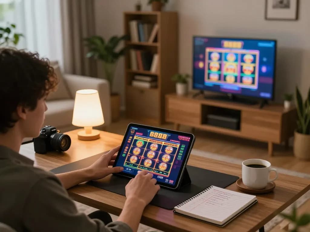 Engaging gameplay on slot888 via tablet in a cozy living room, highlighting strategic betting